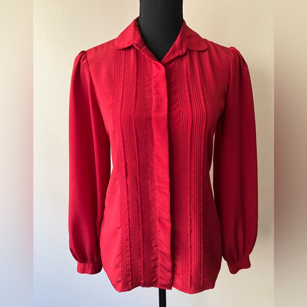 Vintage 70s/80s David Matthew Silky Red Button Down Blouse with Front Pleats S/M